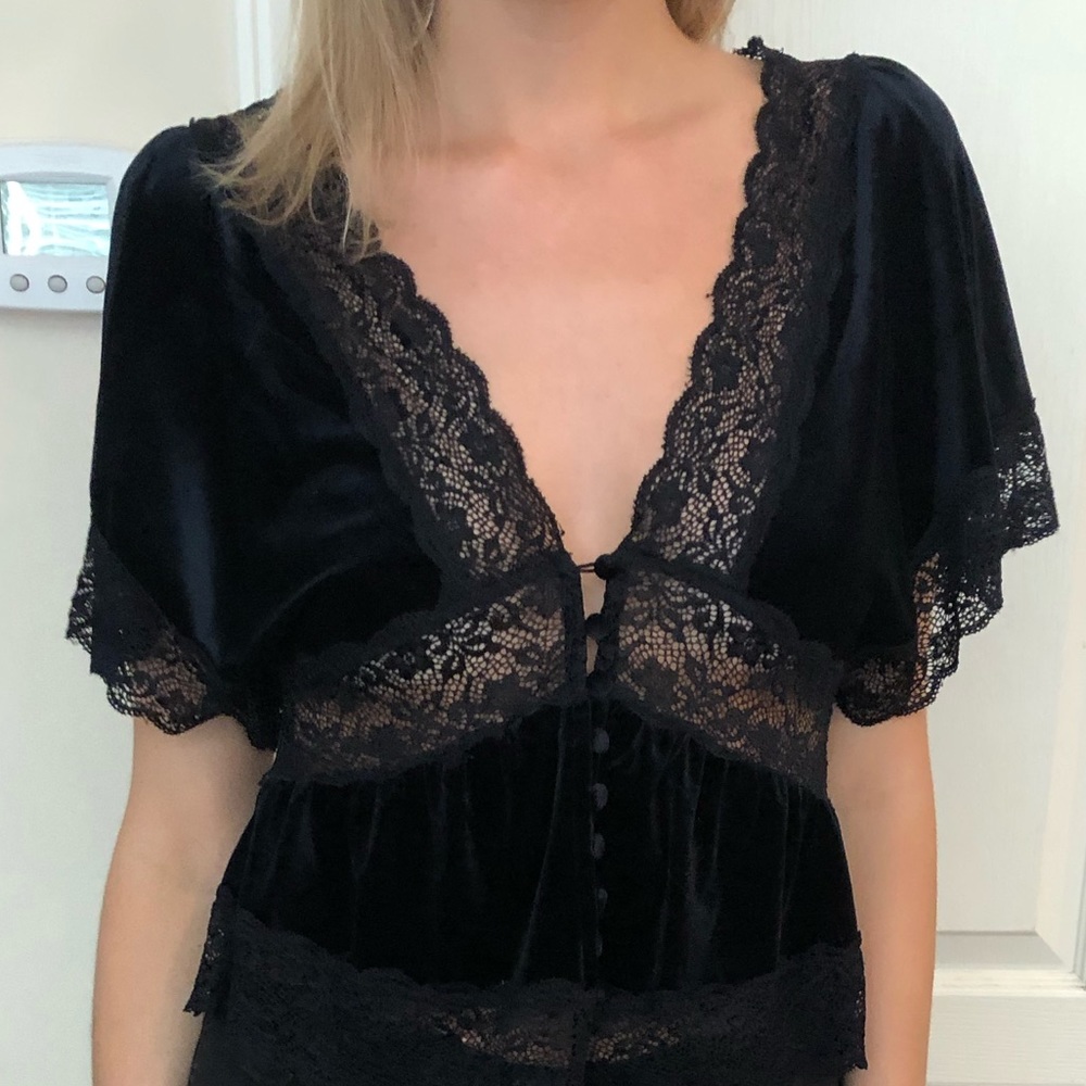 Deep V Lace Velvet Blouse